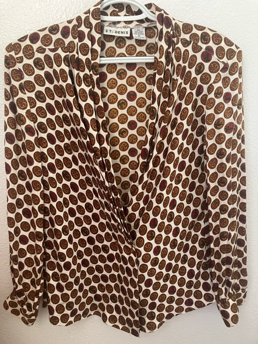 Vintage Silk Geometric circle patternblouse in brown and maroon tones size 10